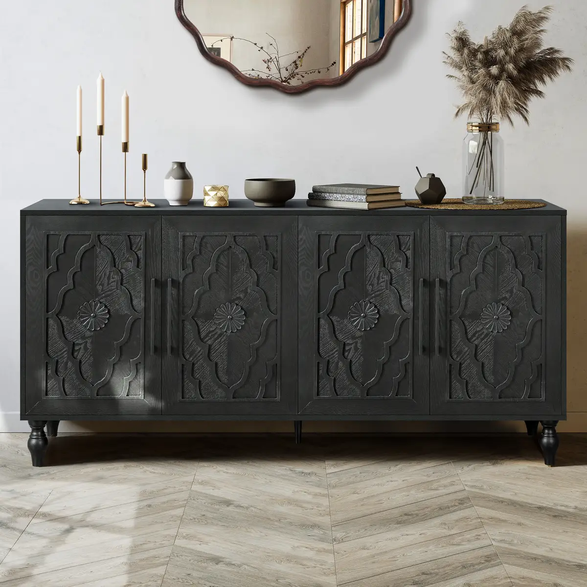 Carved Flower Door Large Storage Cabinet With Metal
