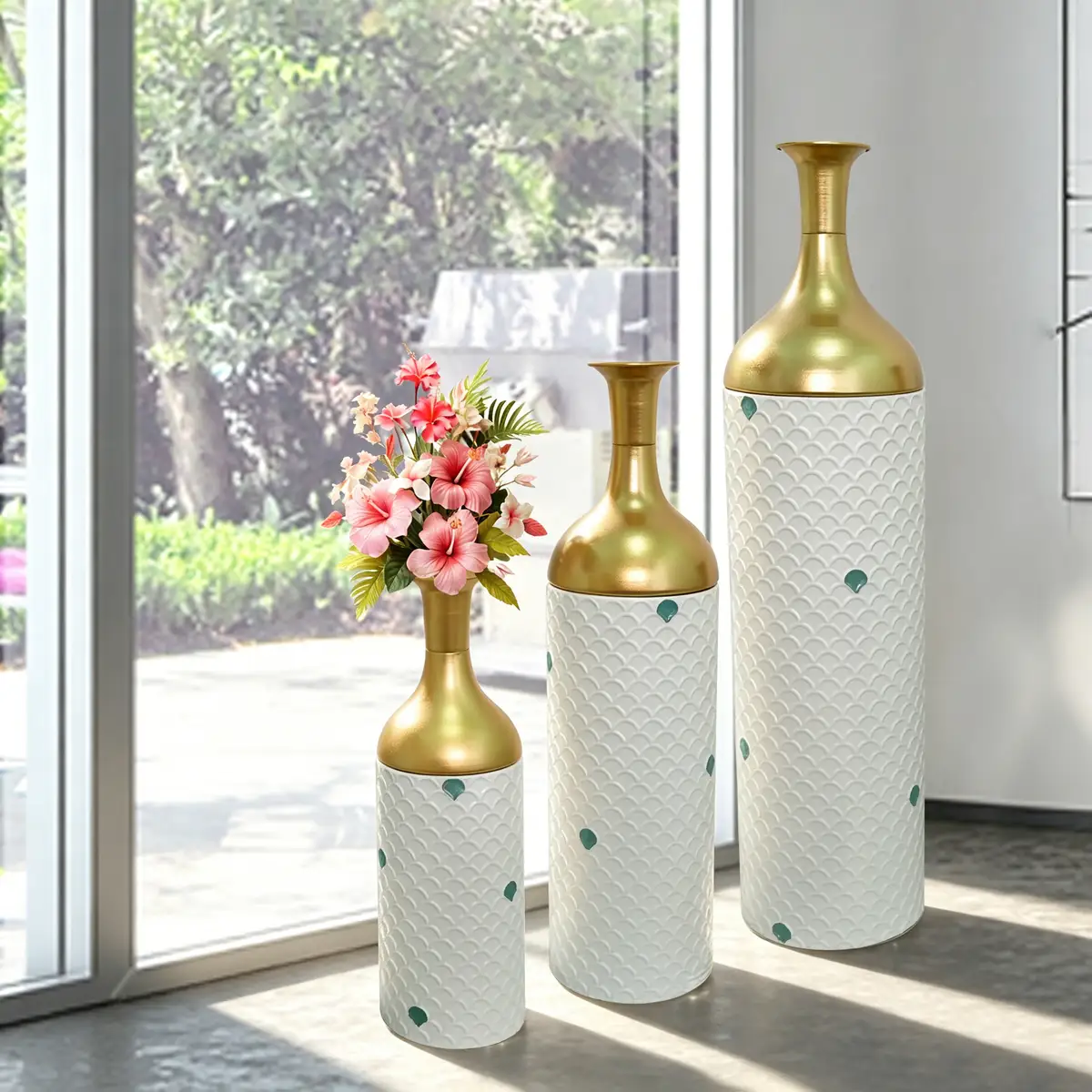 Decorative Metal Vases Set of 3, Gold Leaf Pattern Floor Vases, White & Gold