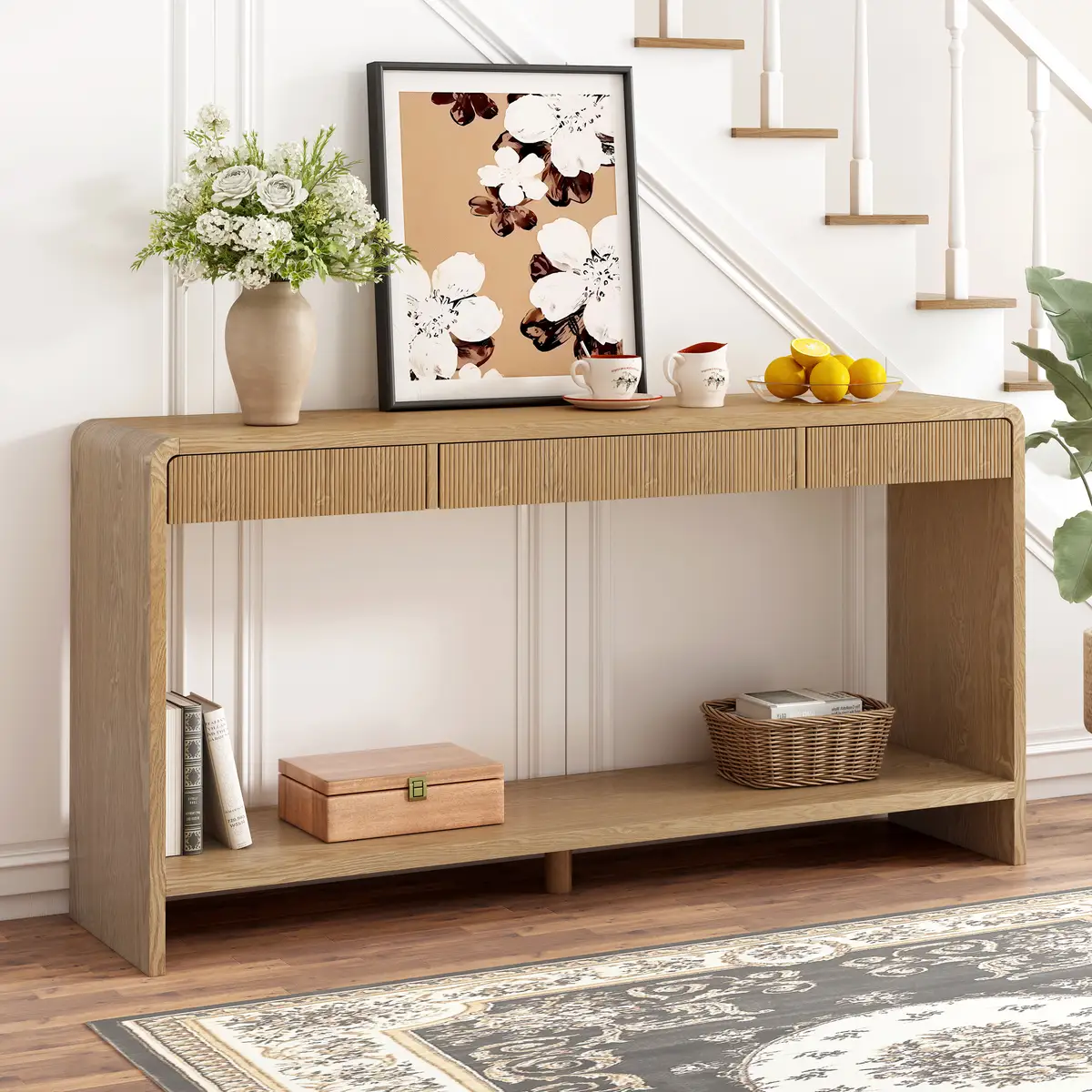 Modern 3-Drawer Console Table with Vertical Slats, Round Edge Design