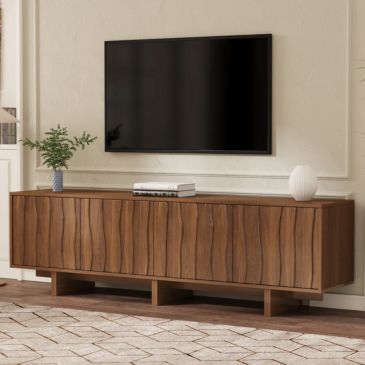 Retro Style Wood Grain TV Stand with Wavy Door for TVs up to 75", Rustic Media