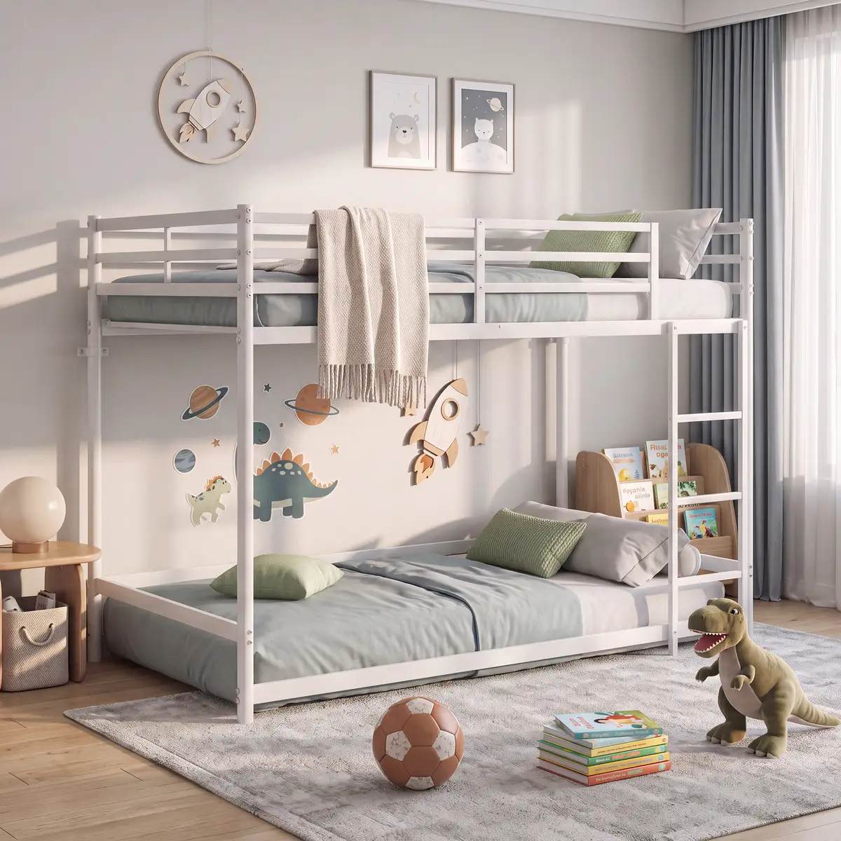 Bunk Bed with Ladder and high Guardrail Metal Bunk Bed, Storage Space, Noise