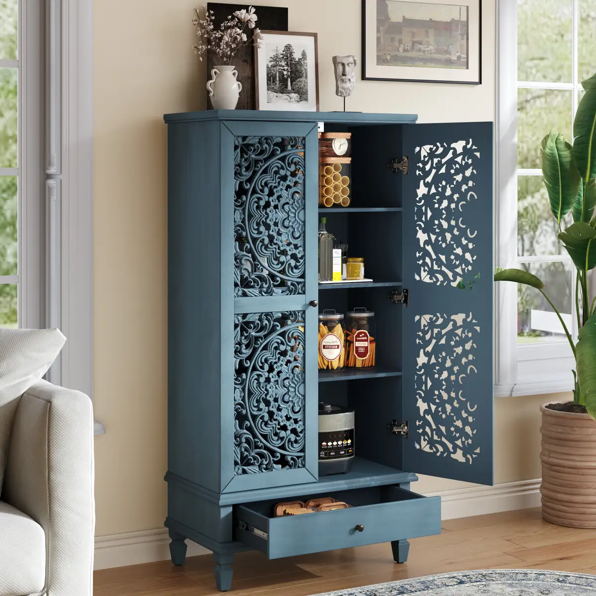 Rustic 55'' Tall Storage Cabinet with Drawer, Decorative 2-Door Carved Wood