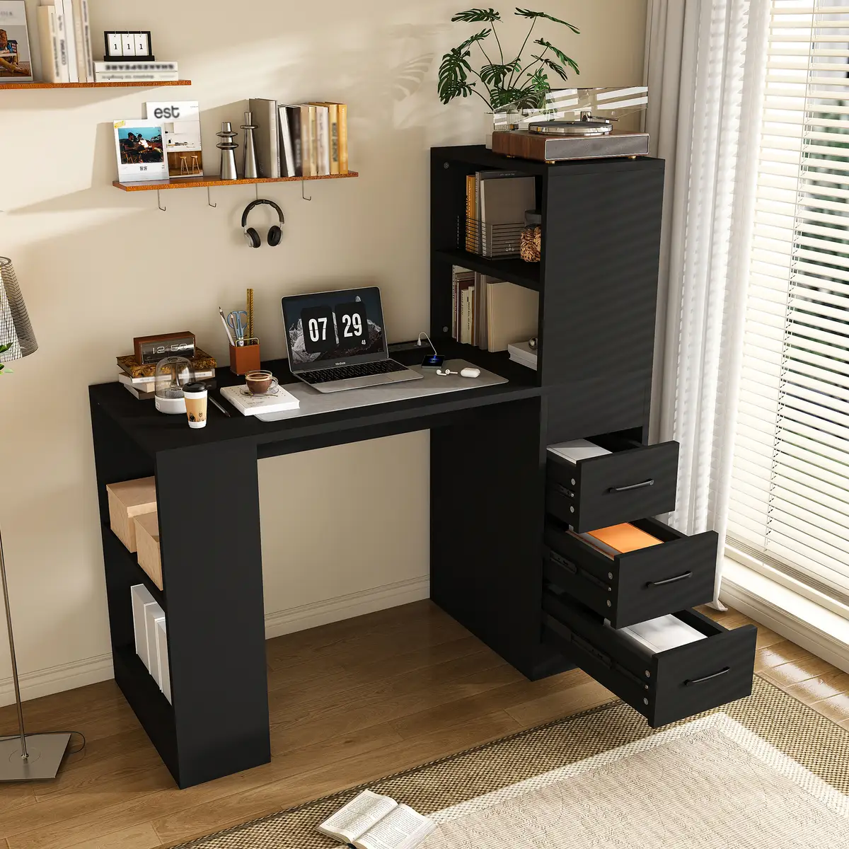 Black Computer Desk with 4-in-1 Socket, the Desk with 3 Slide Drawers and 4