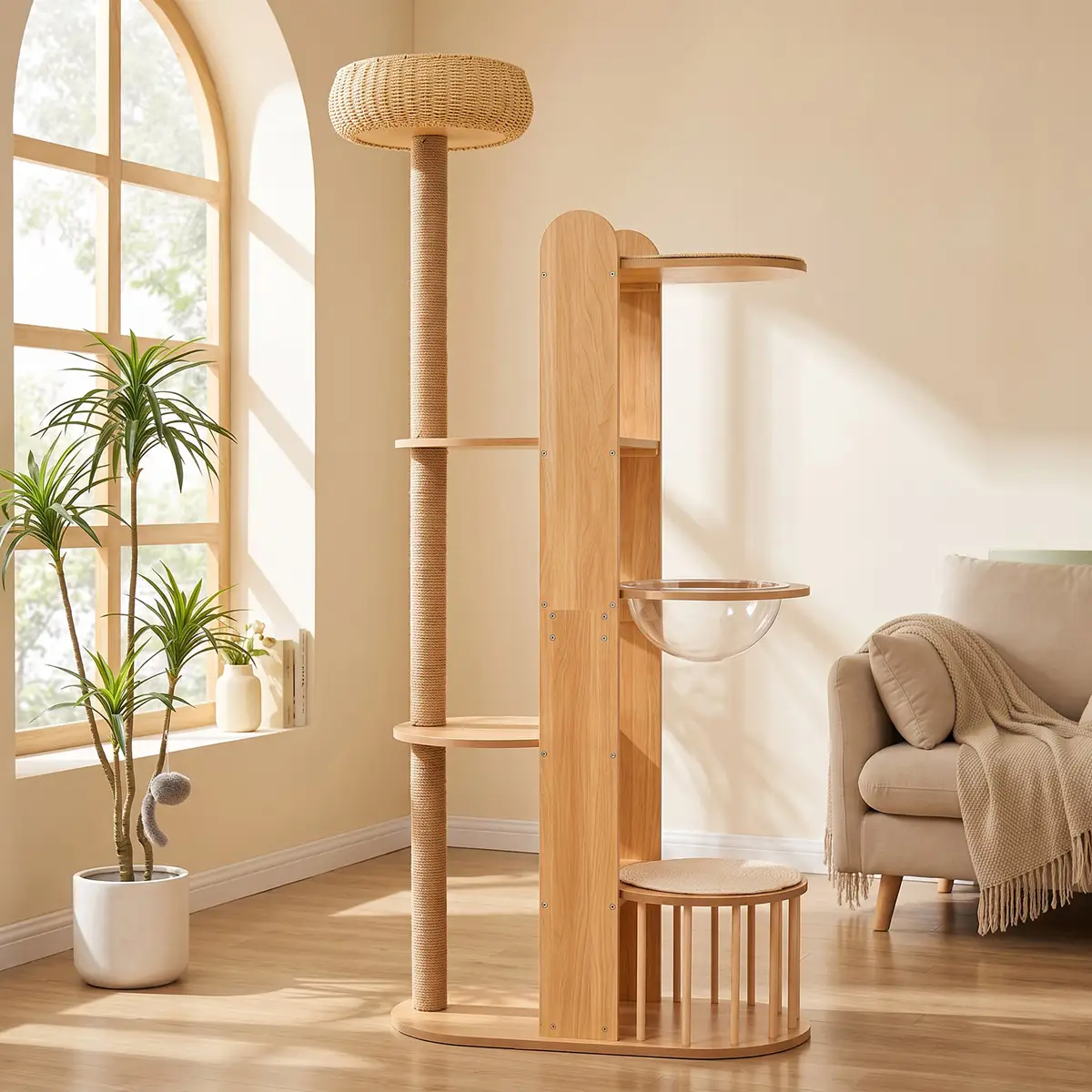 Multi-Level Wood Cat Tree Tower, 70.8" Tall Cat Activity Tree with Sisal