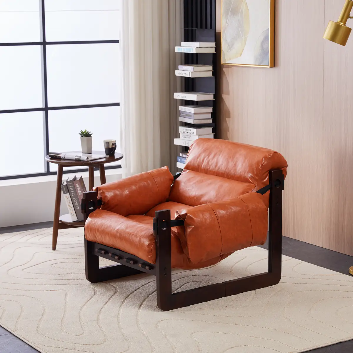 Medieval modern style lounge chair, removable armrests, vintage oil wax leather