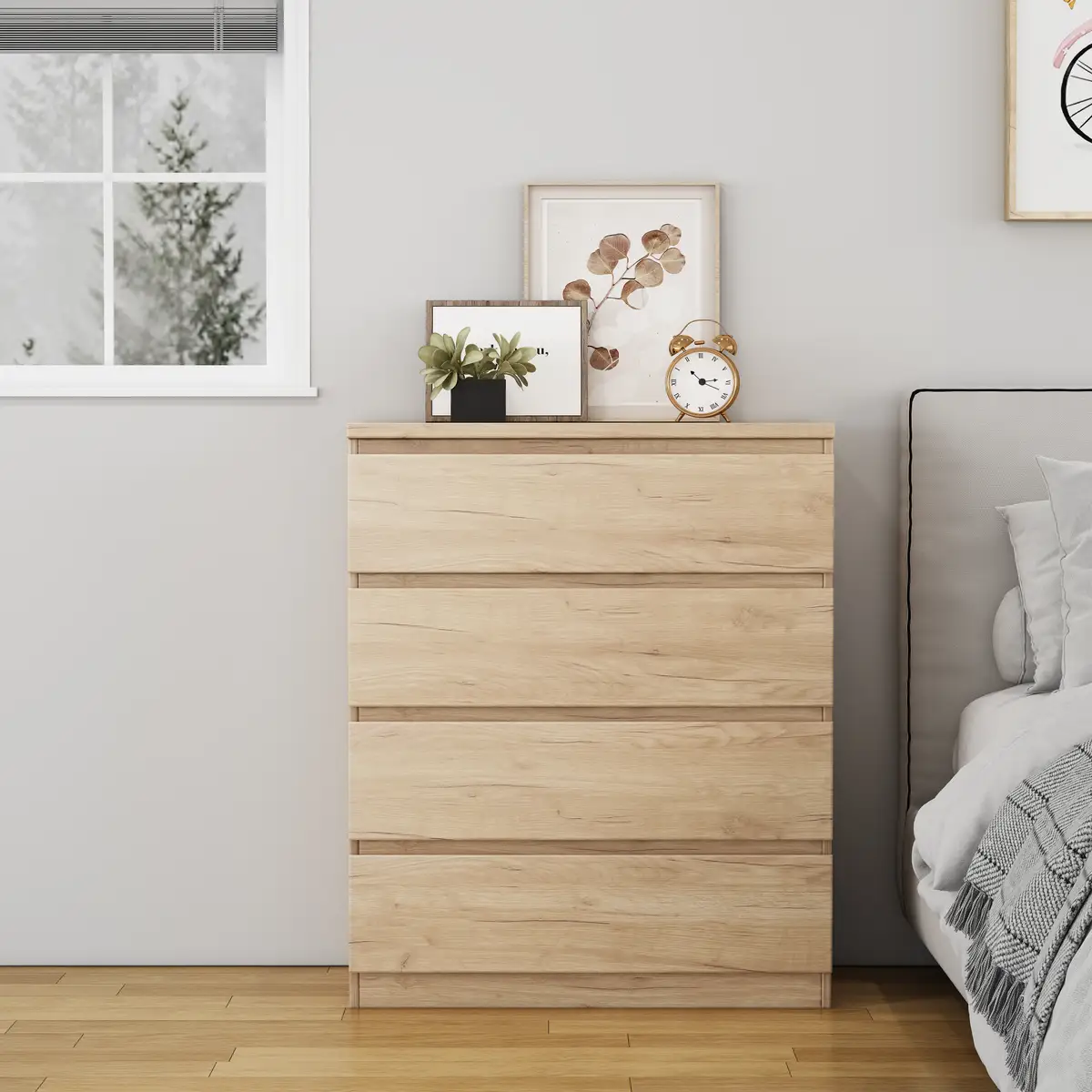 4 Drawer Dresser, Modern Storage Chest of Drawers, 31.5In Natural Dresser