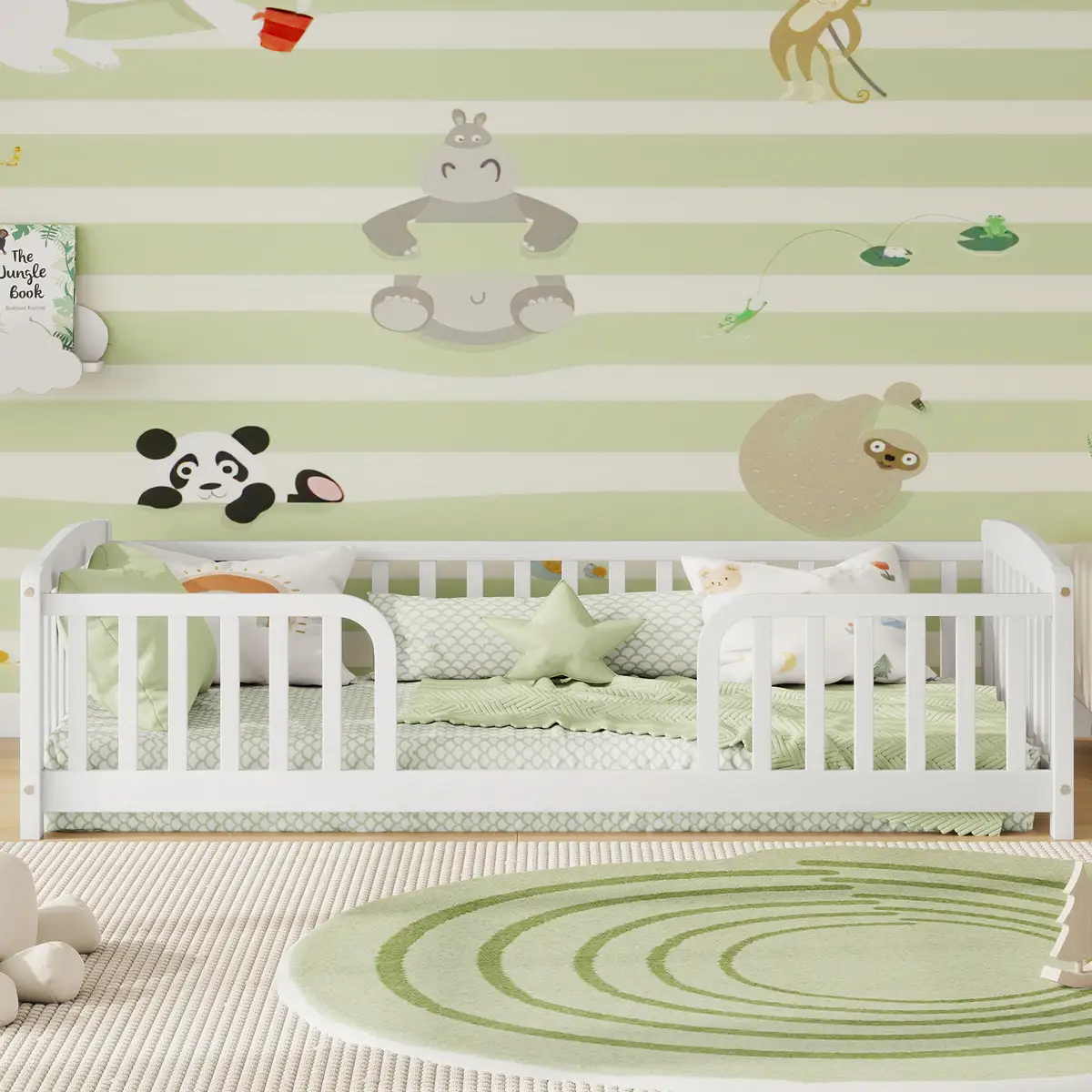 Twin Size Floor Fence Bed with Central Entrance, Pine Wood Floor bed