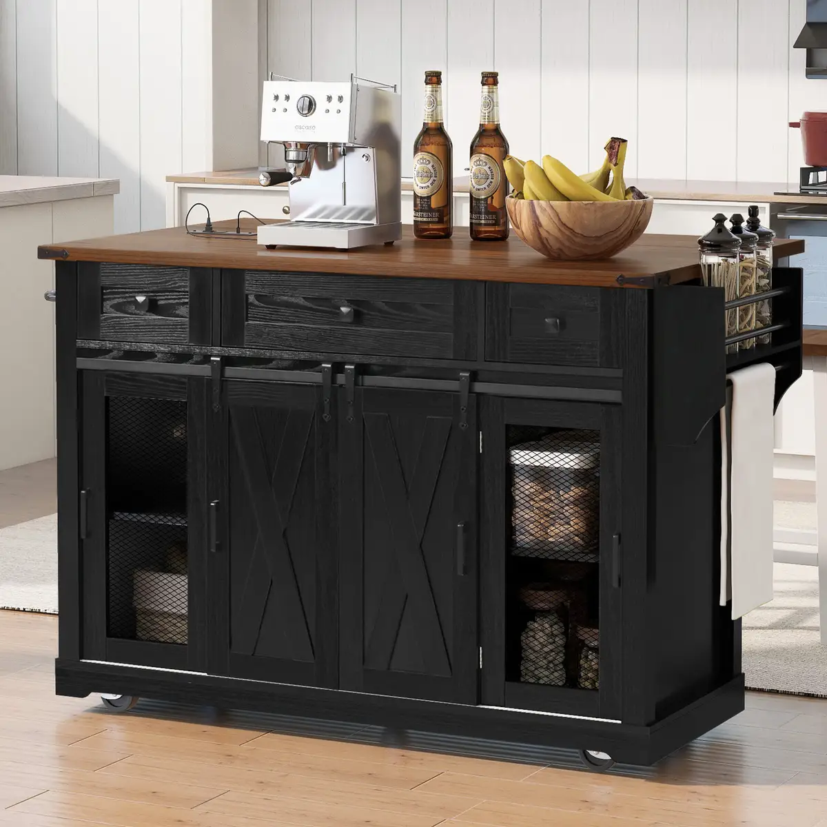 58" Farmhouse Kitchen Island with Storage, Sliding Barn Door & Metal Grid Side