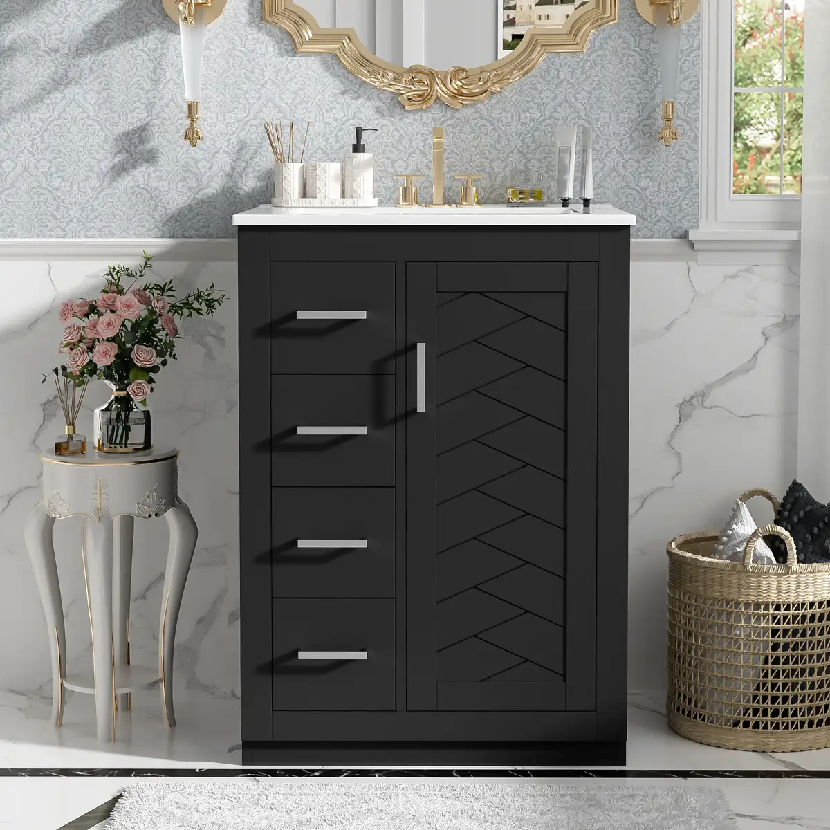 24" Bathroom Vanity with Integrated Ceramic Sink, Bathroom Cabinet with 1 Door