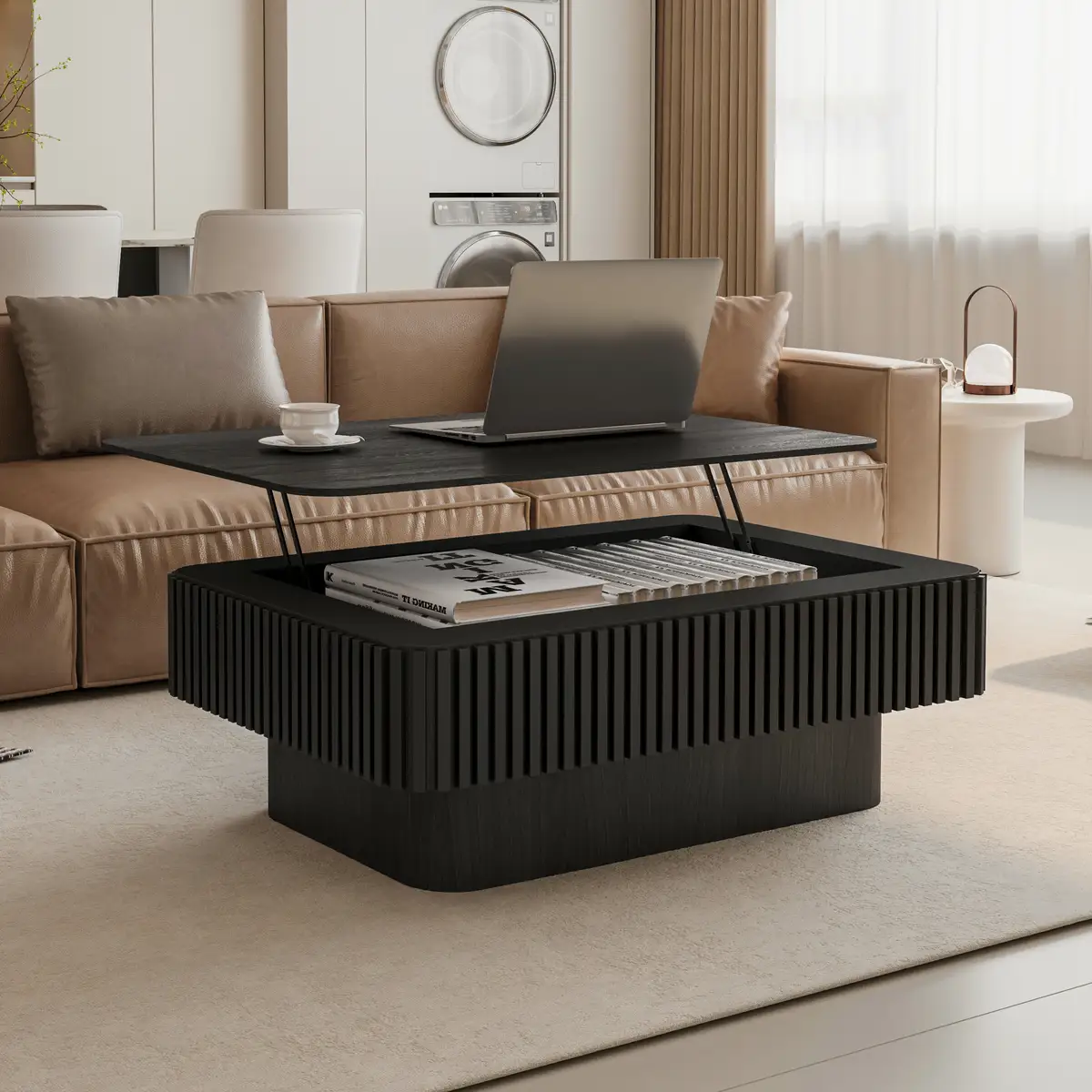 38.6'' Fluted Lift-top Coffee Table Solid Wood Veneered Modern Coffee Table