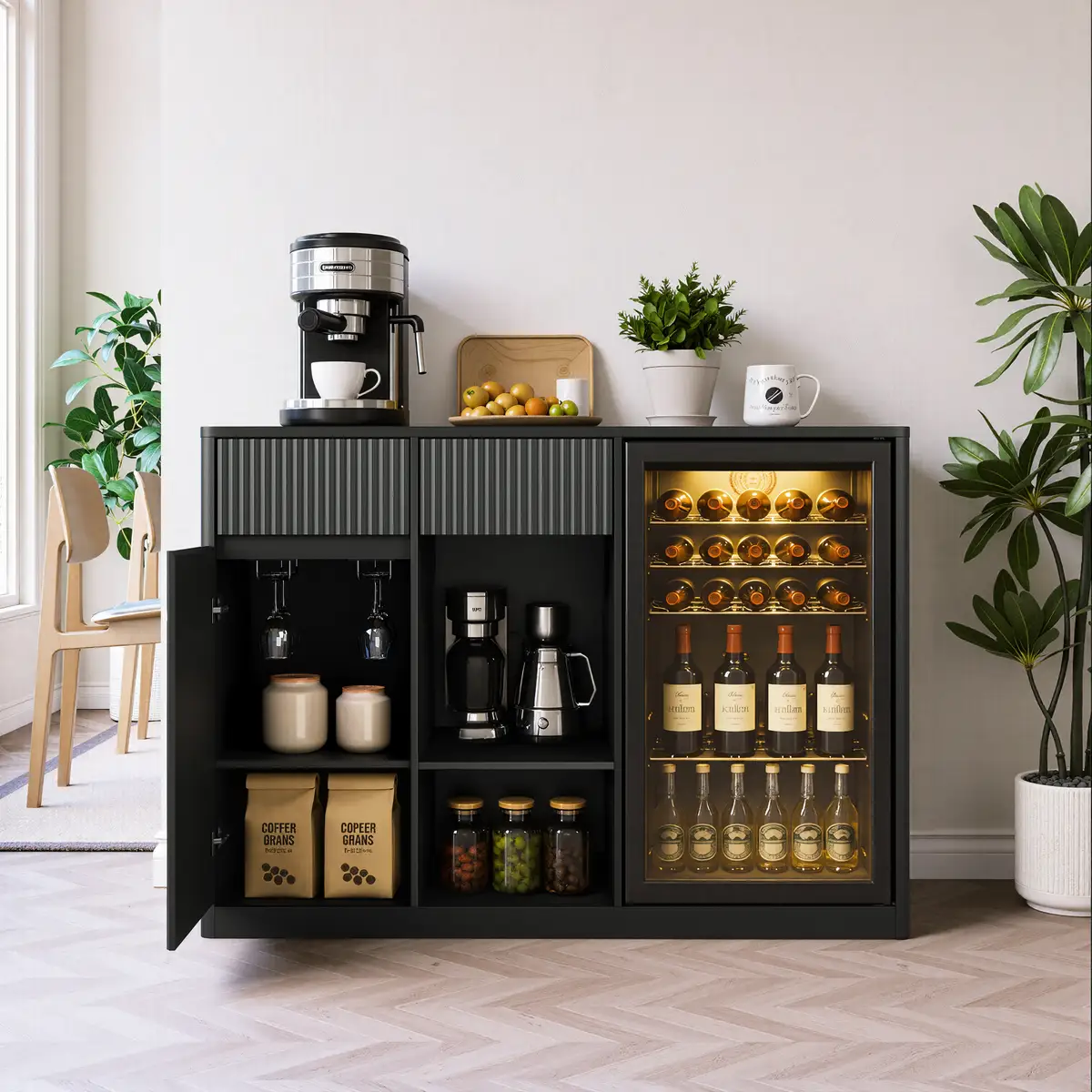 51" Fluted Bar Cabinet with Fridge Space (Fridge Not Included), Modern Coffee