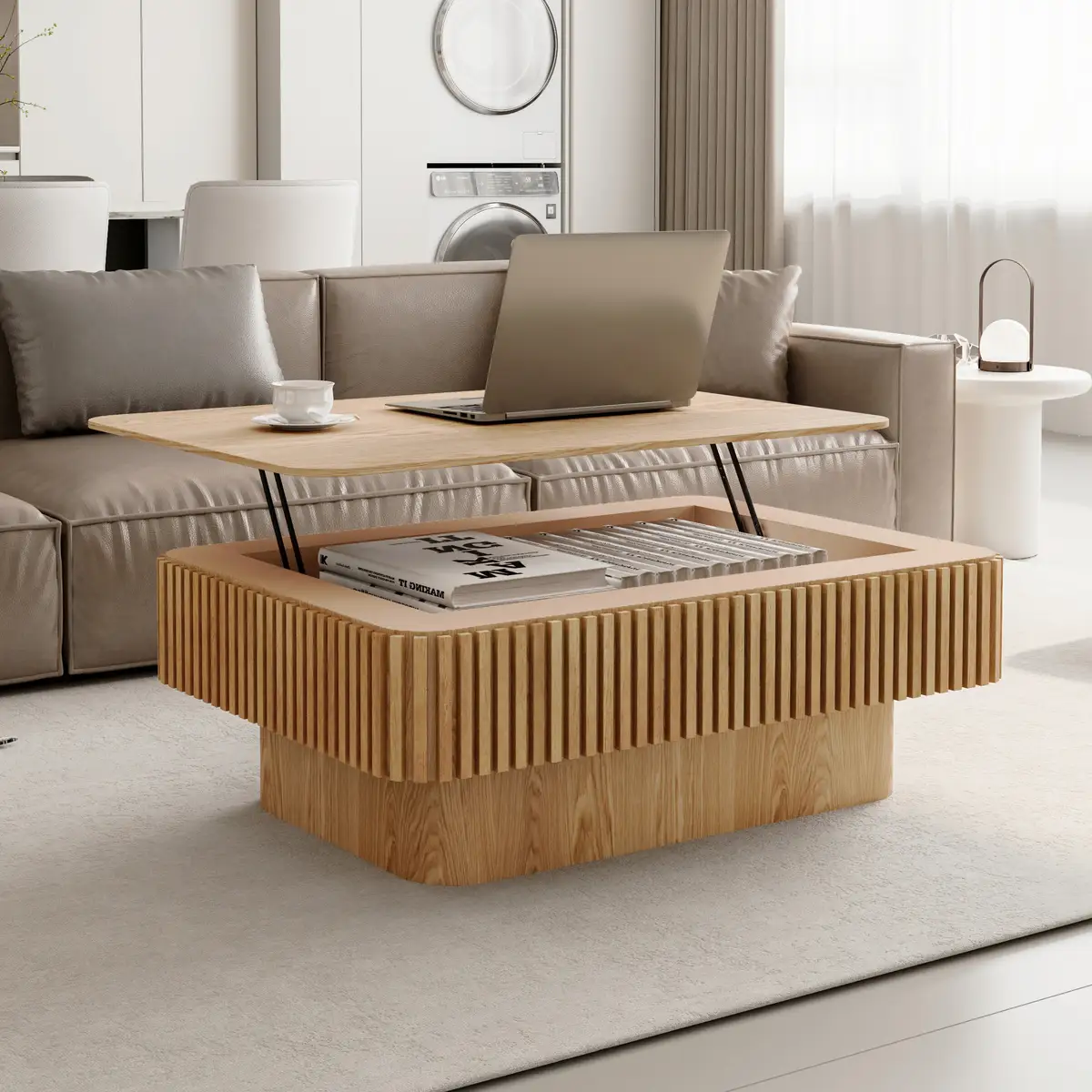 38.6'' Fluted Lift-top Coffee Table Solid Wood Veneered Modern Coffee Table