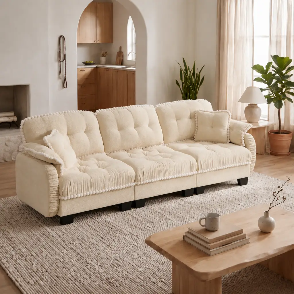 Chenille Cloud 3-Seater Sofa with 4 Pillows, Pom-Pom Trim Quilted Tufted