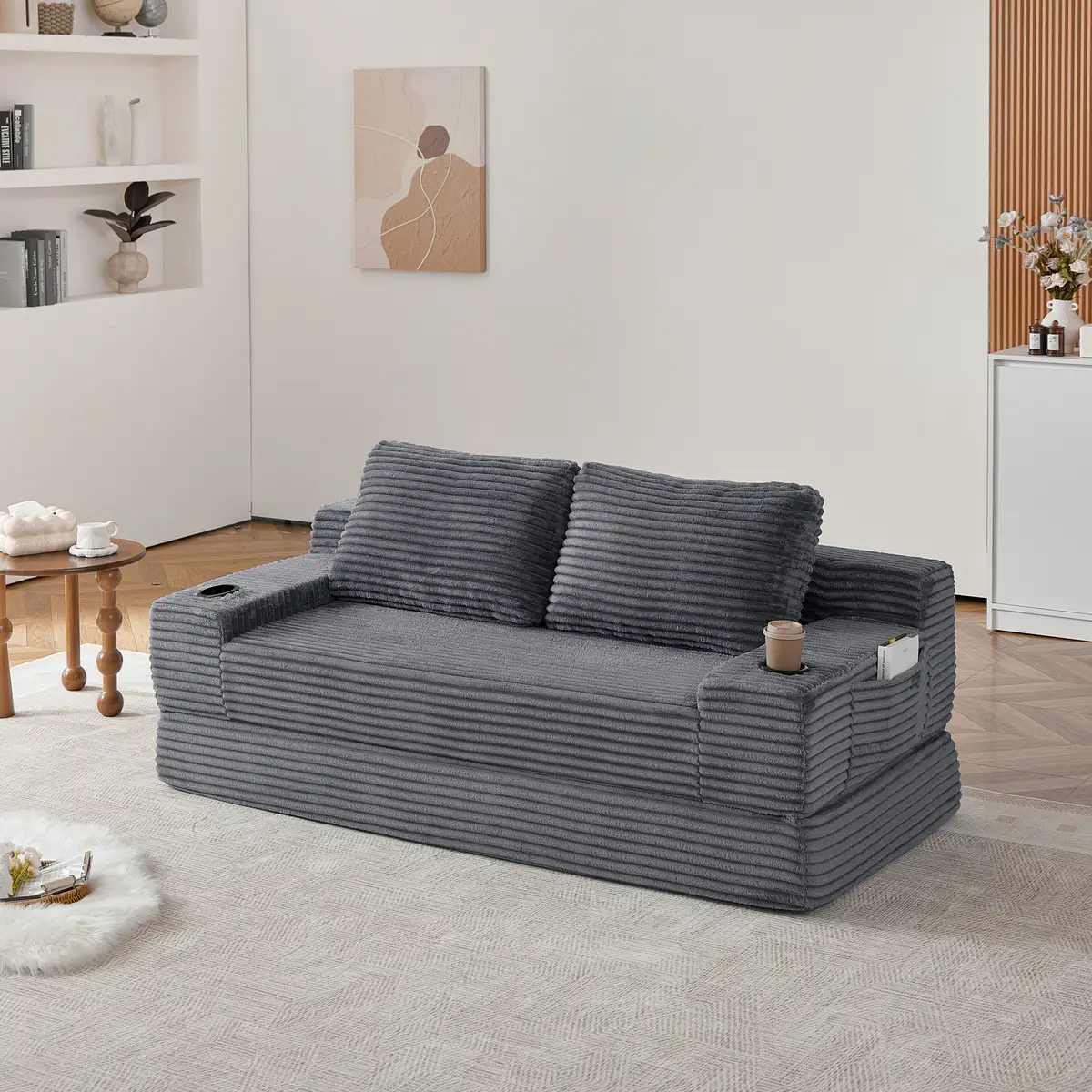 70.8-inch corduroy two-in-one sofa bed, featuring a lounge chair with two throw