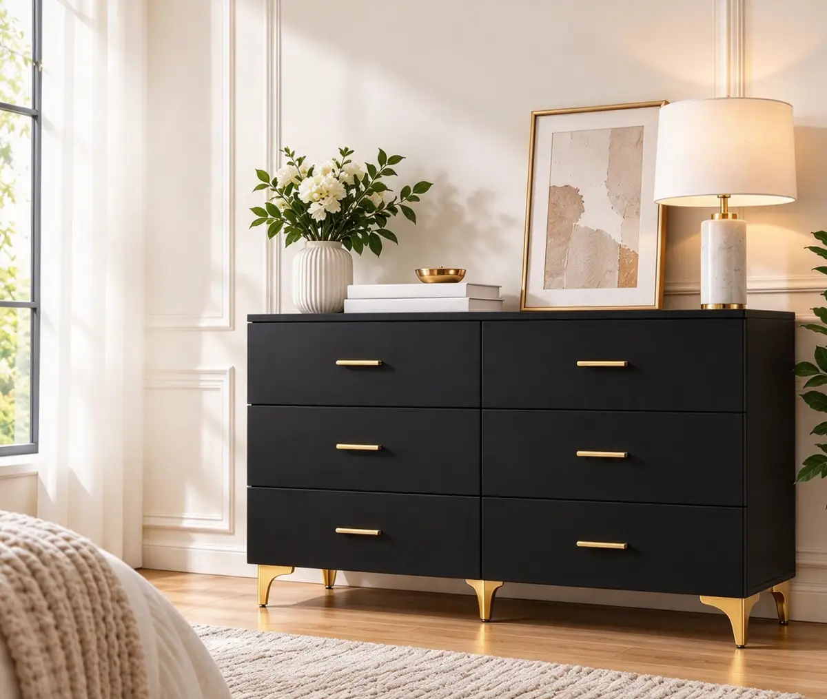 Black 6 Drawer Dresser, Modern Glam Wide Chest of Drawers with Gold Pull