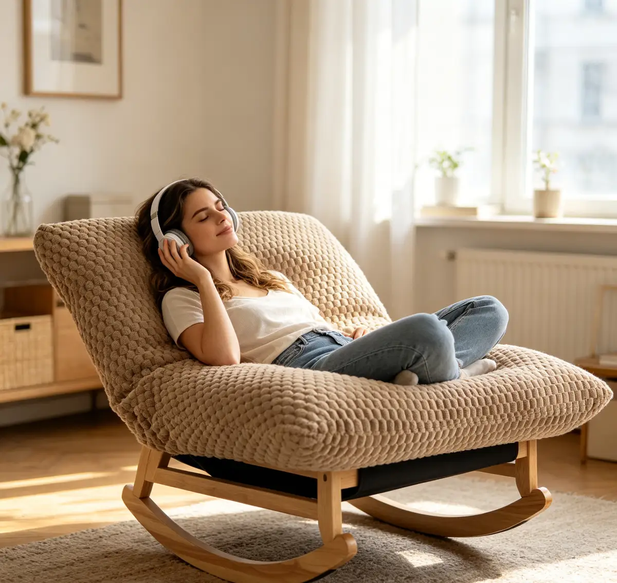 Bean bag rocking chair for Adults with Solid Wood Frame, Accent Armless Lazy