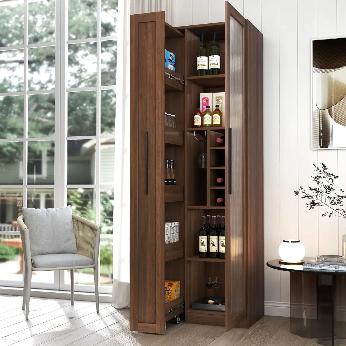 Kitchen pantry cabinet with multi-functional pull-out multi-tier storage