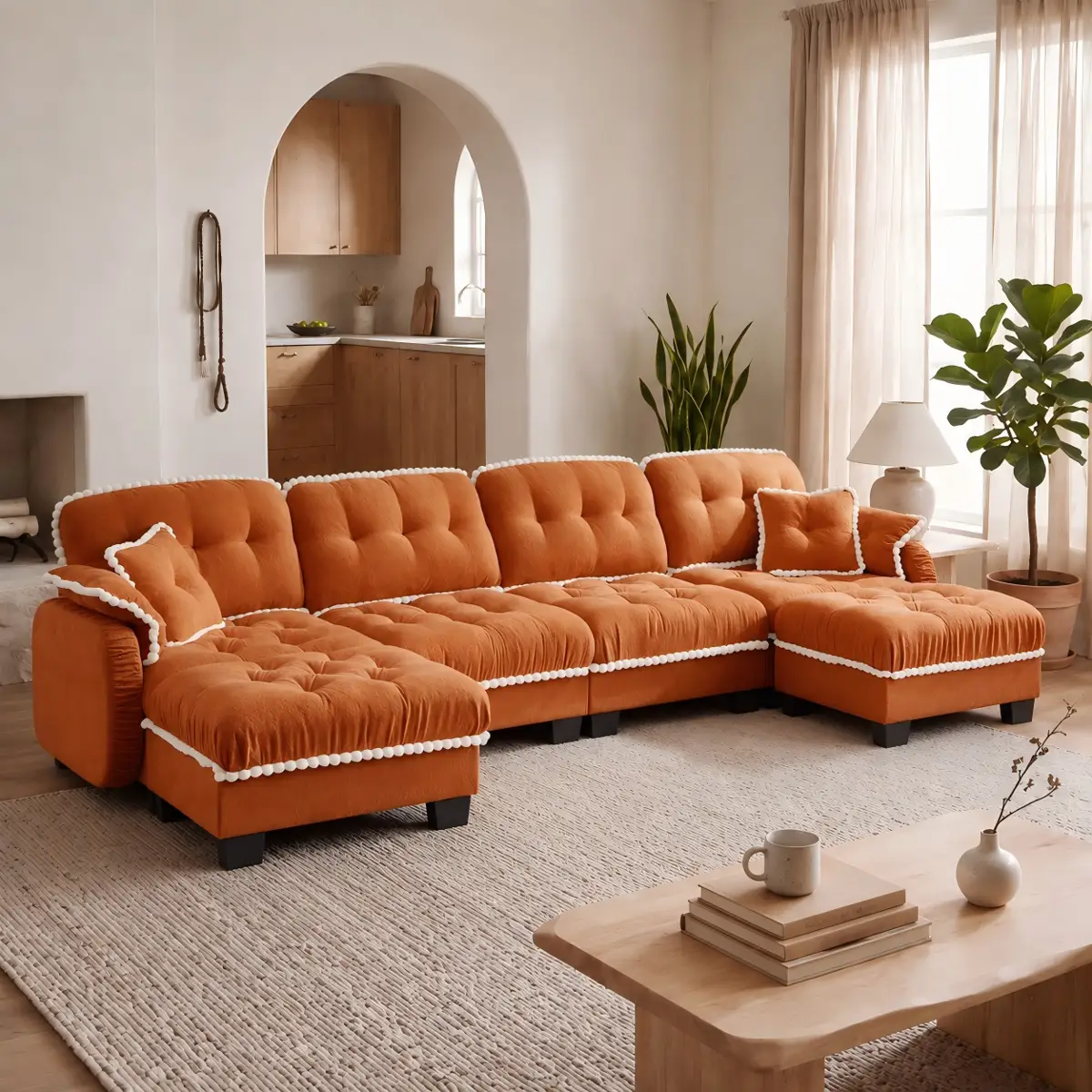 Chenille Cloud U-Shaped Sofa with 4 Pillows, Movable Ottoman Pom-Pom Trim