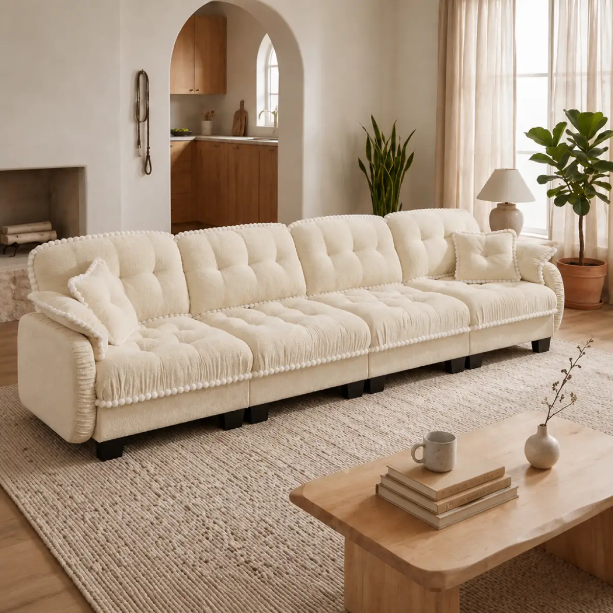 Chenille Cloud 4-Seater Sofa with 4 Pillows, Pom-Pom Trim Quilted Tufted