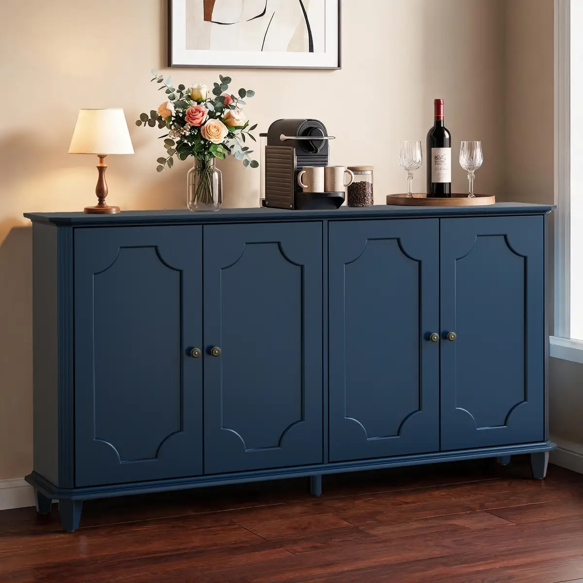 Blue Farmhouse Sideboard Buffet Cabinet, 4 Door Vintage Storage Credenza