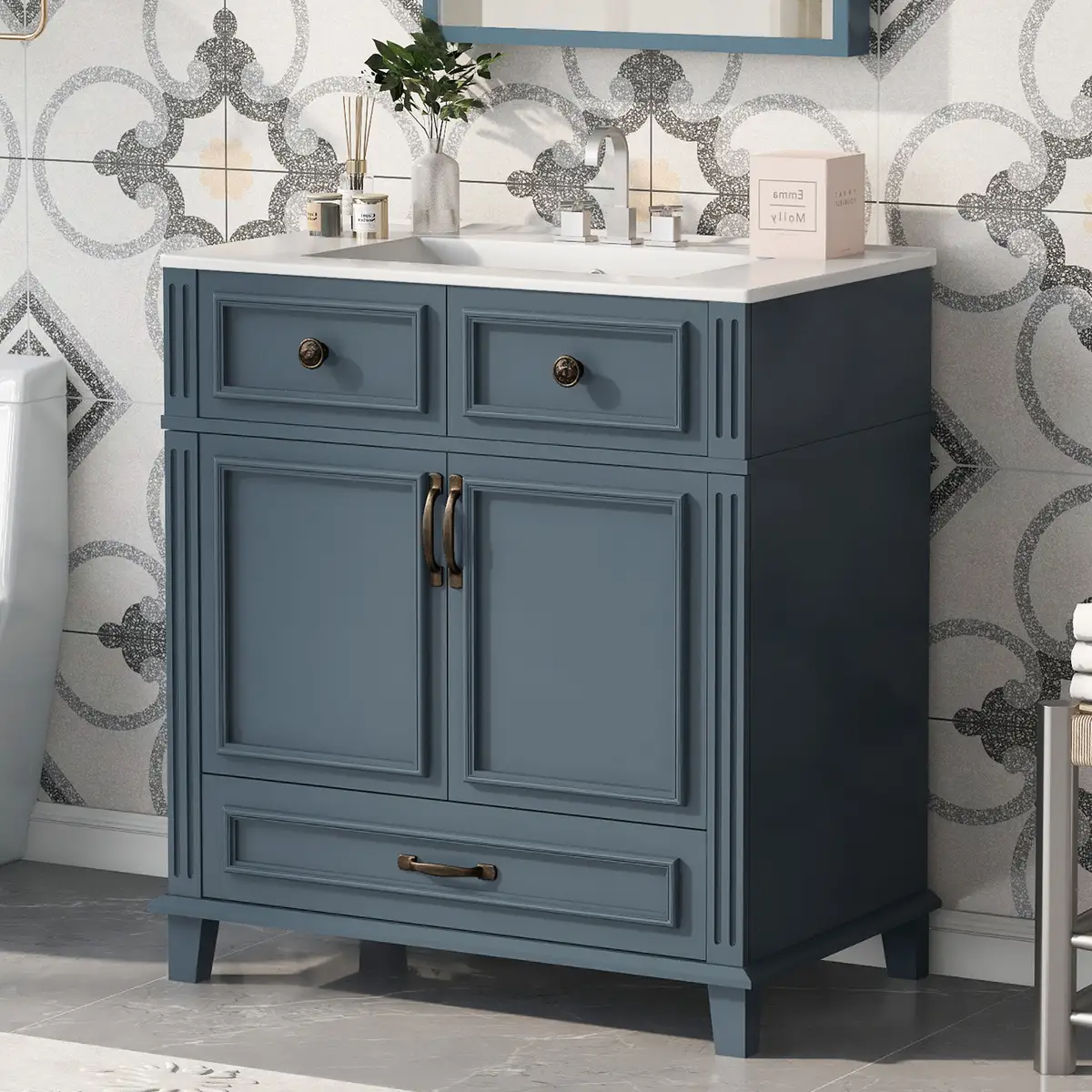 30'' Bathroom Vanity with Ceramic Sink, Solid Wood Frame Bathroom Storage