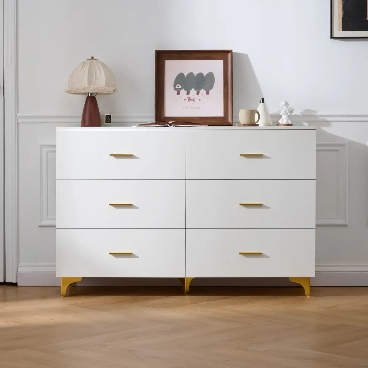 White 6 Drawer Dresser with Gold Handles & Metal Legs, Deep Storage Space