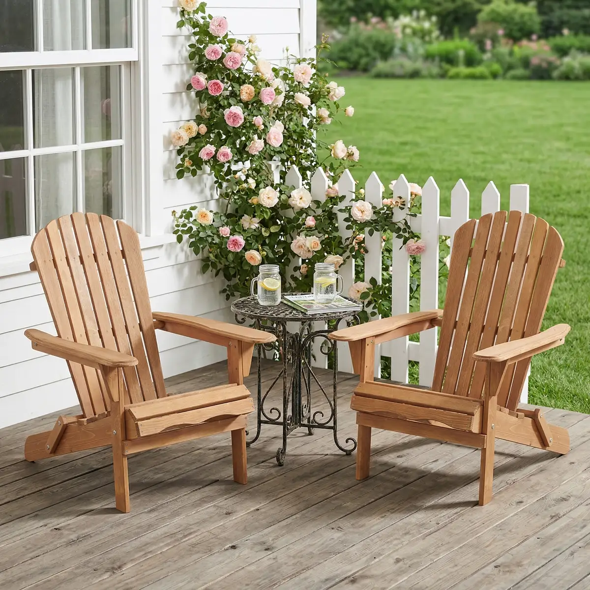 Outdoor Wooden Folding Adirondack Chair Set of 2 with Pre-Assembled BackRest