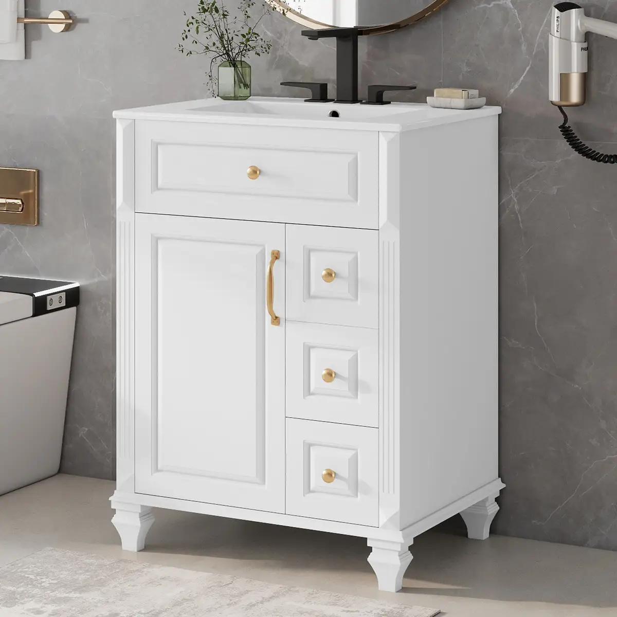 24 Inch Bathroom Vanity with Sink, White Freestanding Vanity Cabinet