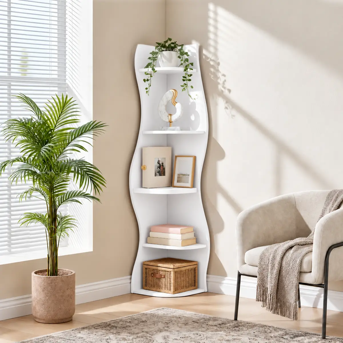 5-Tier Corner Shelf, Modern Wavy Corner Bookshelf, Tall