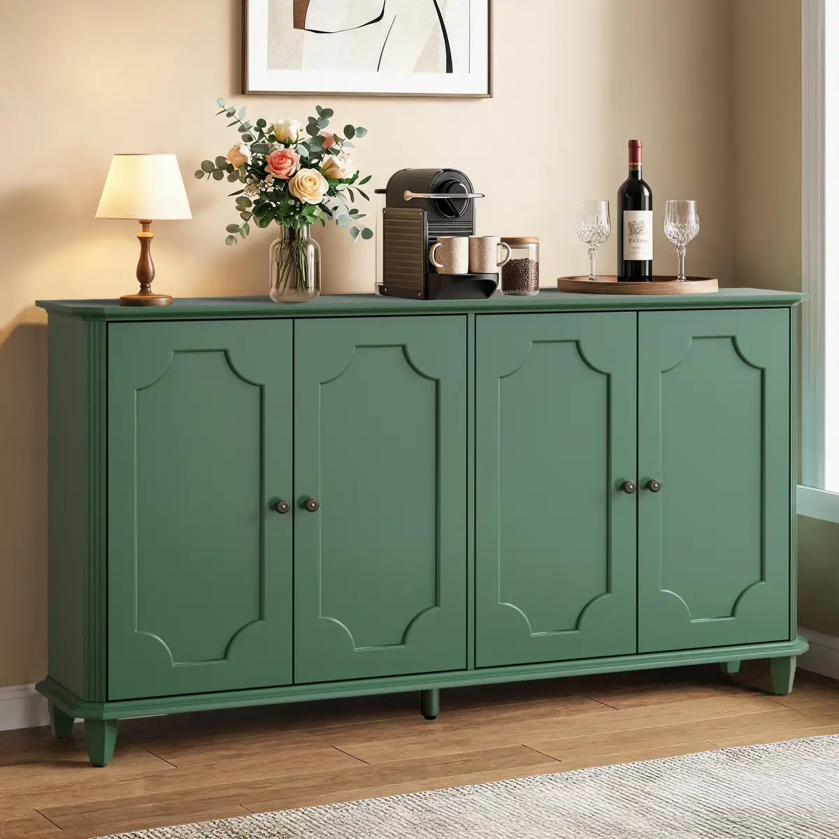 Green Farmhouse Sideboard Buffet Cabinet, 4 Door Vintage Storage Credenza