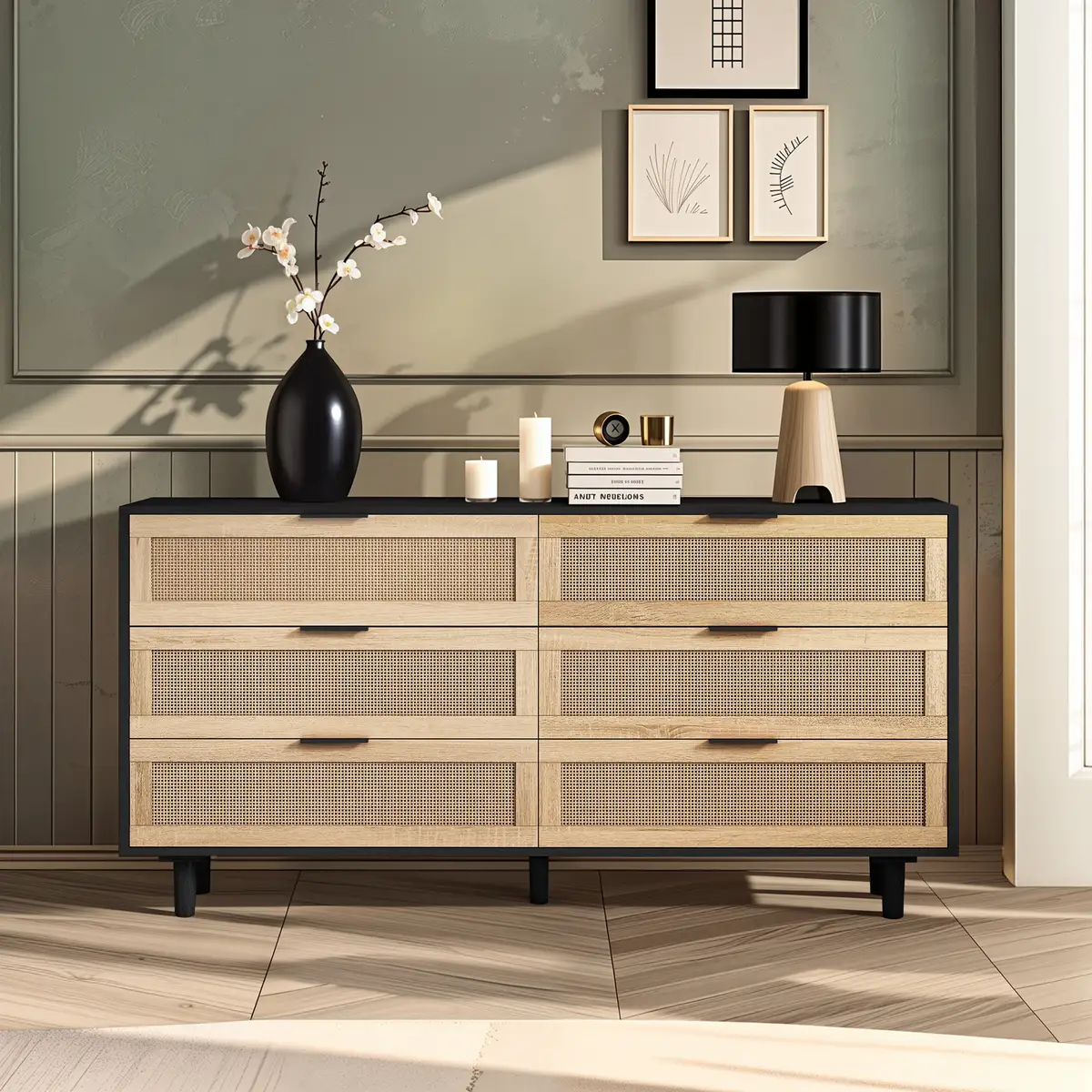 59.06"6-Drawers Rattan Storage Cabinet Rattan Drawer, for Bedroom, Living Room