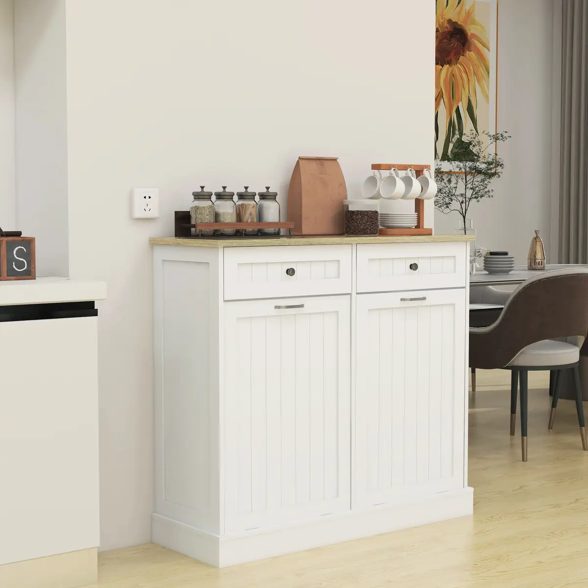 Two Drawers and Two-Compartment Tilt-Out Trash Cabinet