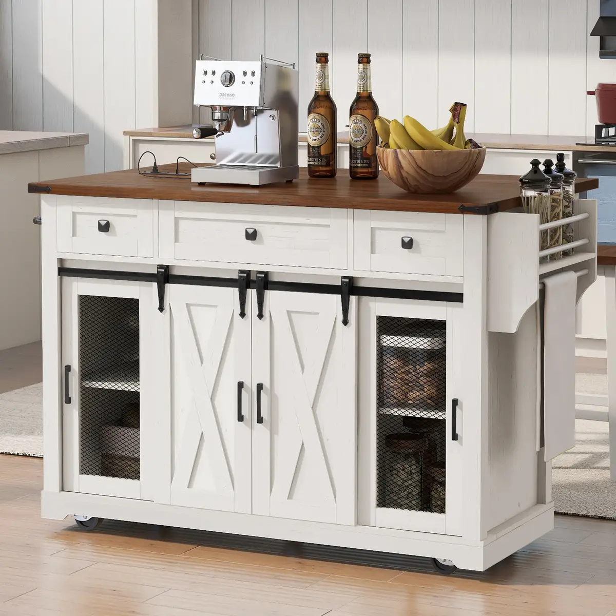 58" Farmhouse Kitchen Island with Storage, Sliding Barn Door & Metal Grid Side