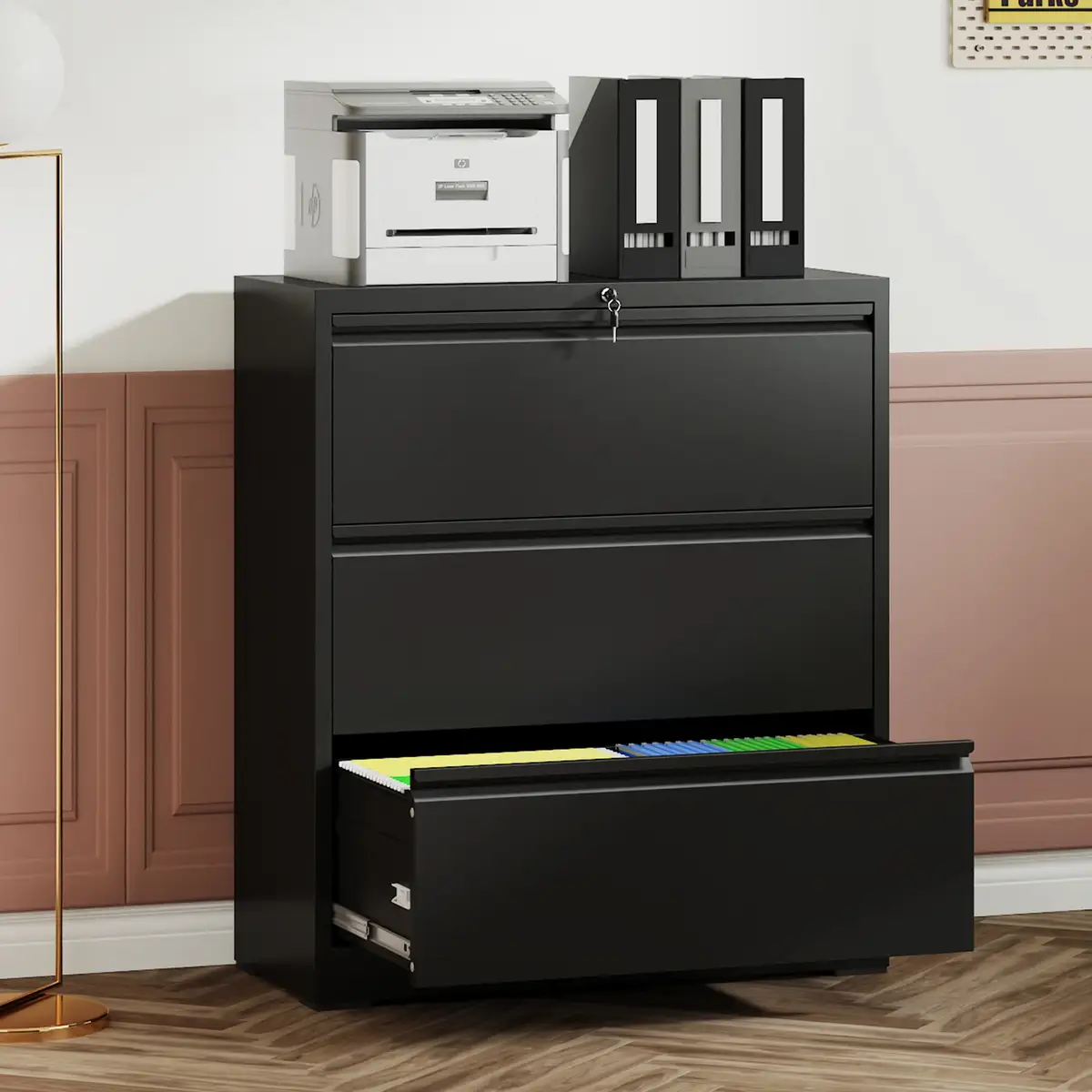 3 Drawer Lateral File Cabinet, 35.4 Inch Wide Metal Filing Cabinet, Locking