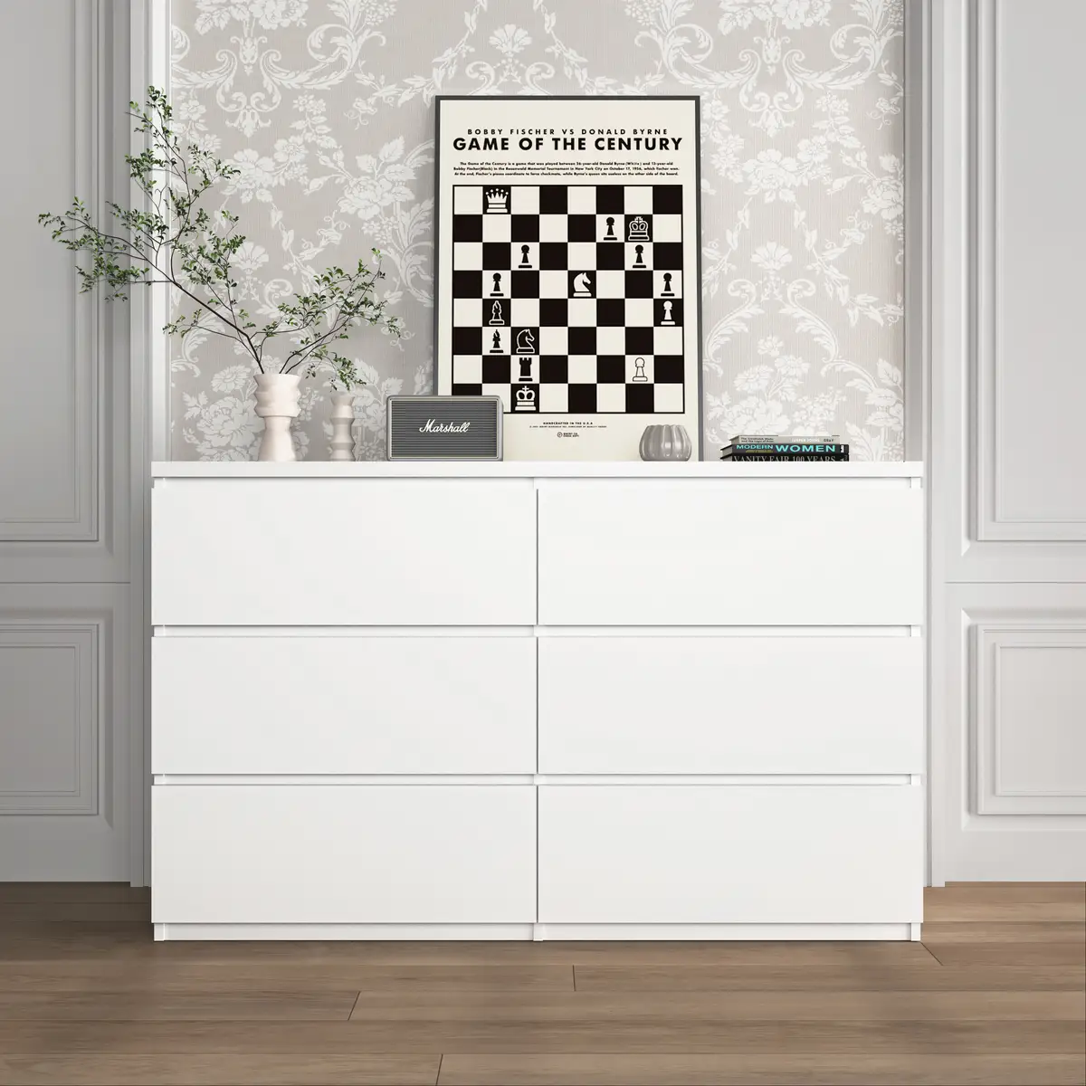 6 Drawer Storage Cabinet , Dresser, Wood Storage Tower Clothes Organizer, Wide