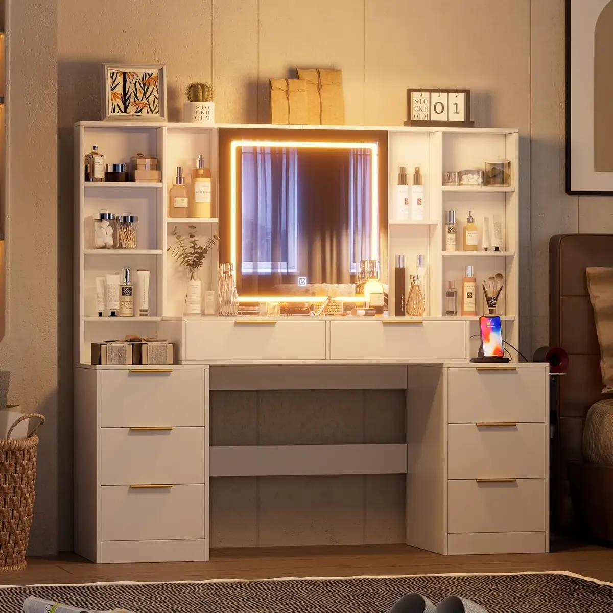 Makeup Vanity Desk with Mirror and Lights, 59" Large Vanity Table with 8Drawers