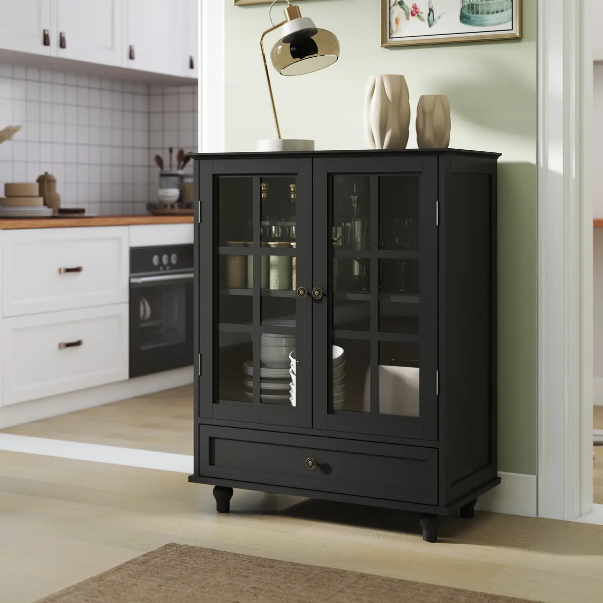 Minimalist Black Buffet Cabinet with Double Glass Doors and Drawer, Modern