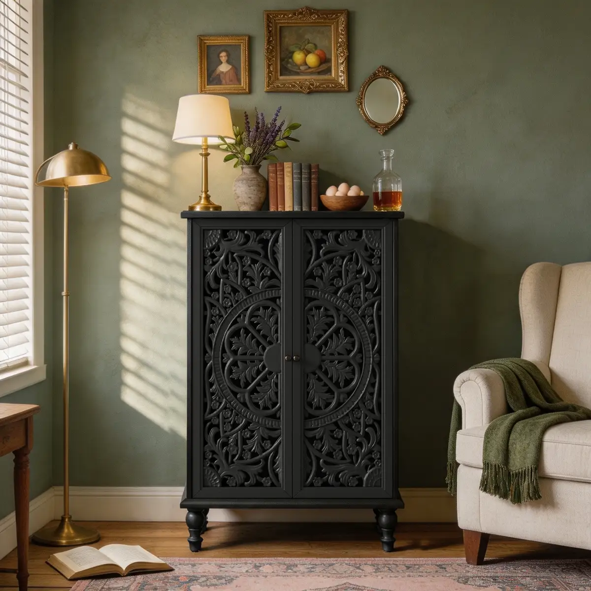 47" Tall Accent Cabinet with Doors & Storage, Farmhouse Hollow Carved Double