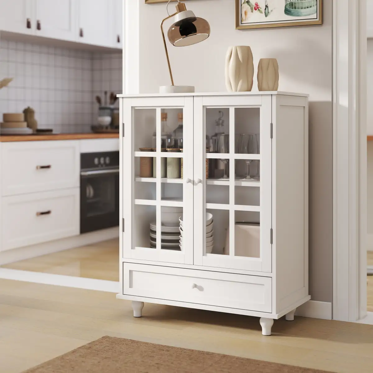 Minimalist White Buffet Cabinet with Double Glass Doors and Drawer, Modern