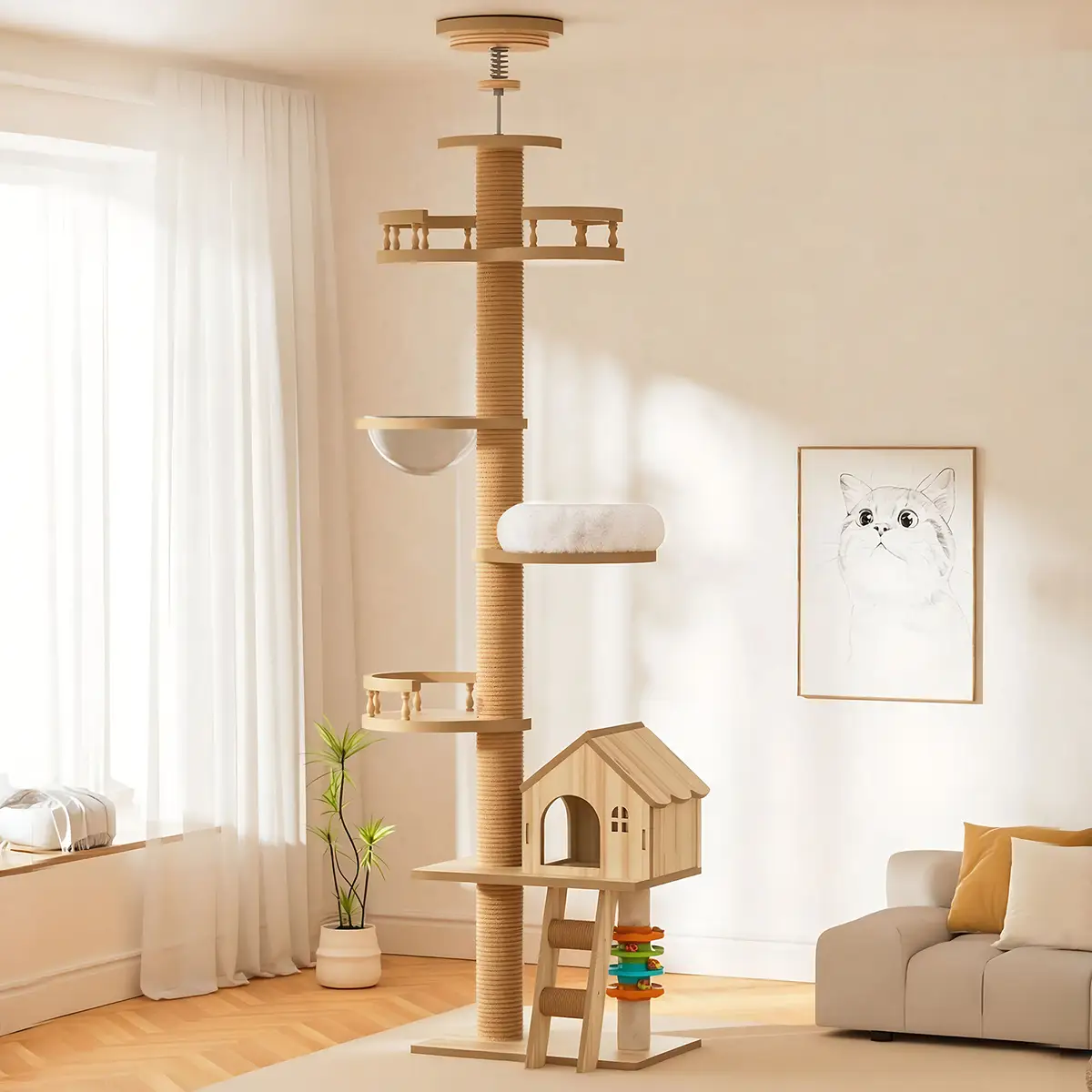 Floor to Ceiling Cat Tree, Cat Tower with Scratching Post, Adjustable