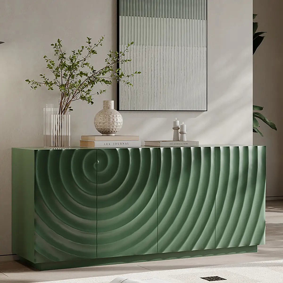 Sideboard Buffet Cabinet, 59"Green Accent Cabinet with 4 Doors, Mid Century