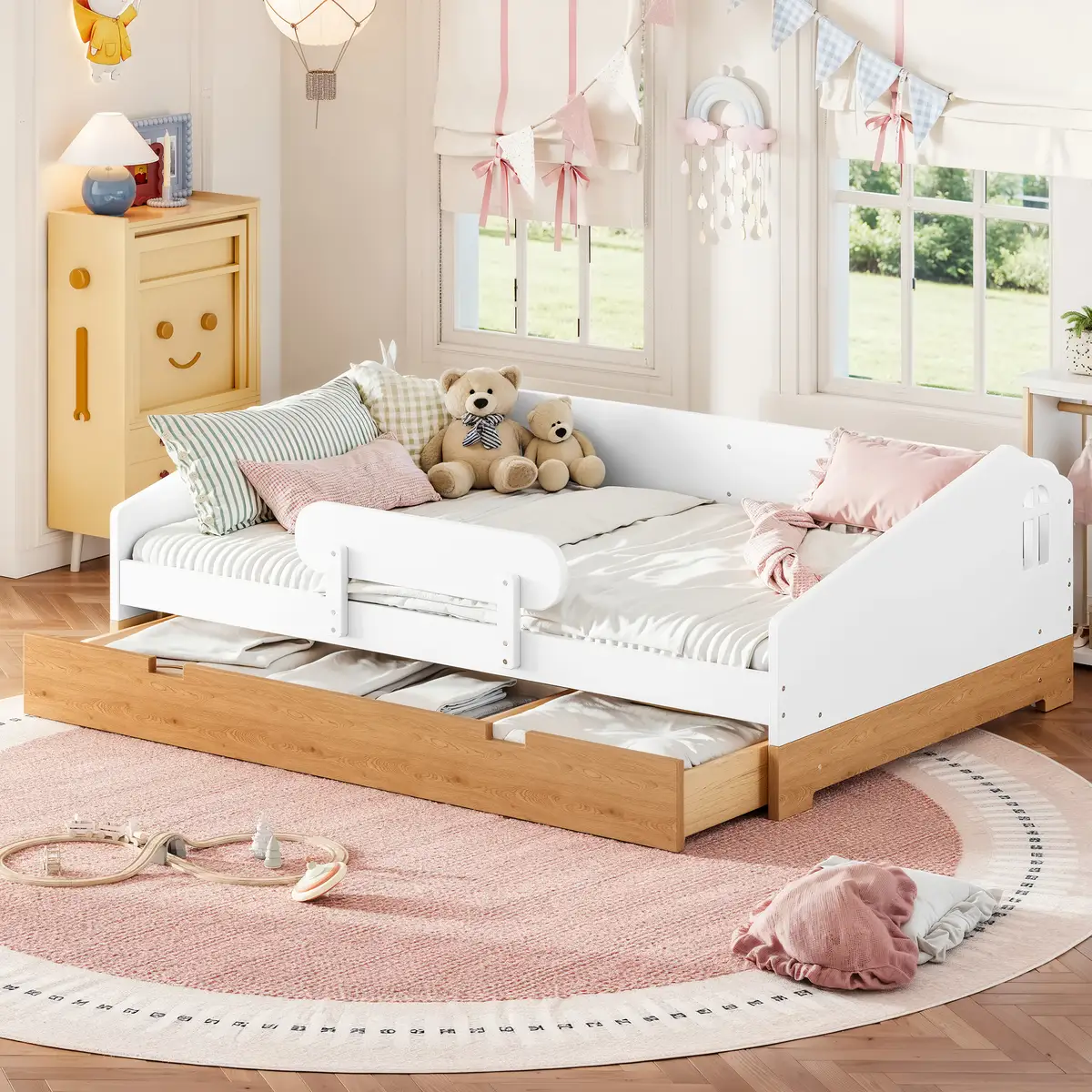 Full Size House-Design Floor Bed with Large Storage Drawers and Safety