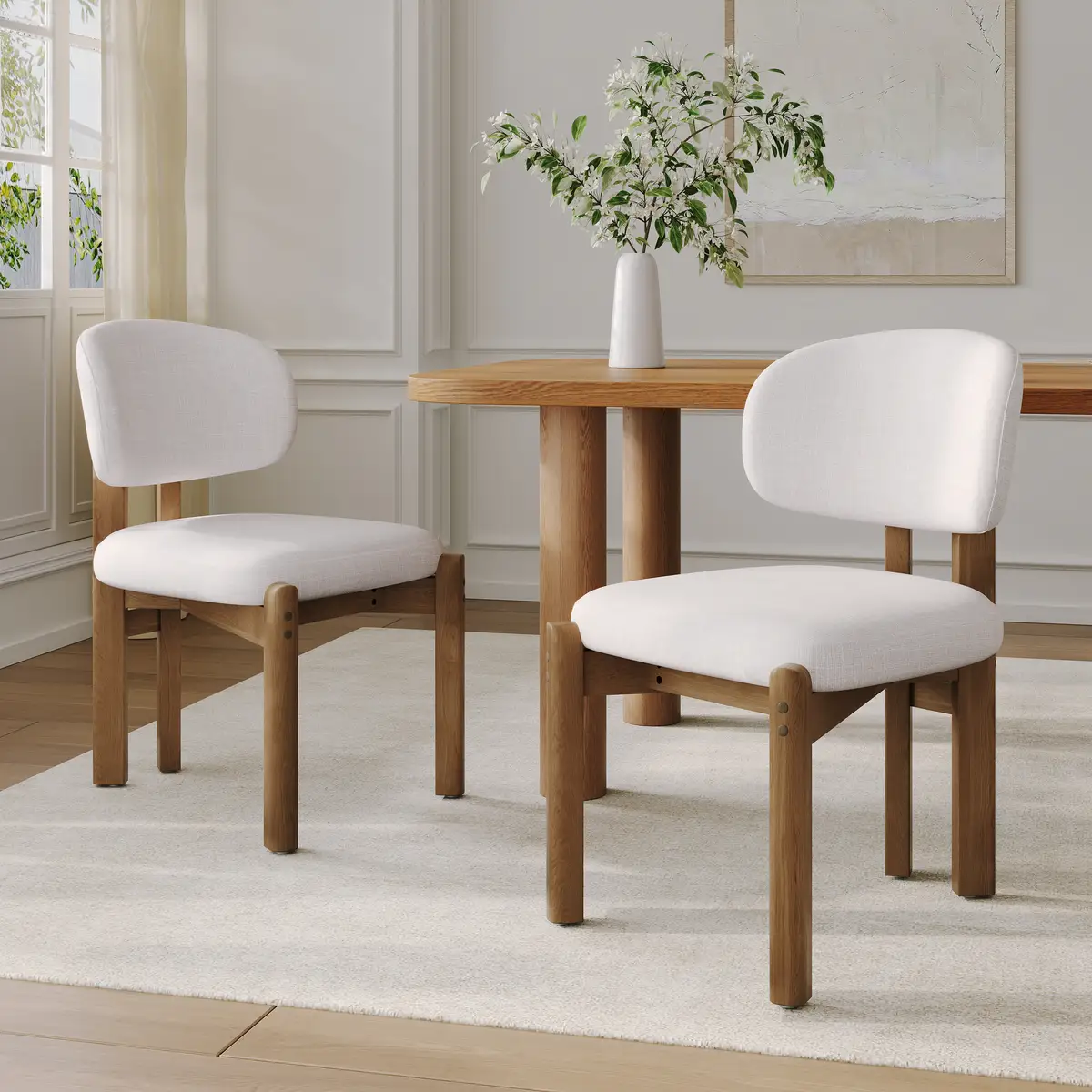Beige Upholstered Mid-Century Walnut Finished Frame Dining Chairs (Set of 2)