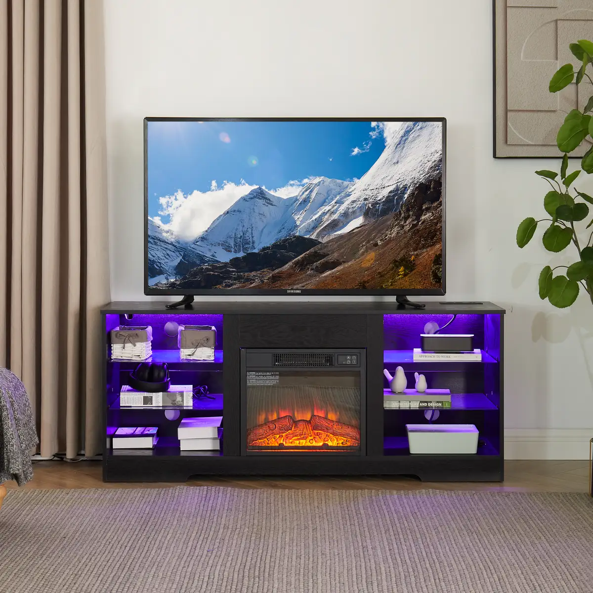 TV Stand Electric Fireplace TV Stand with Glass Shelves, 3D Fireplace TV Stand