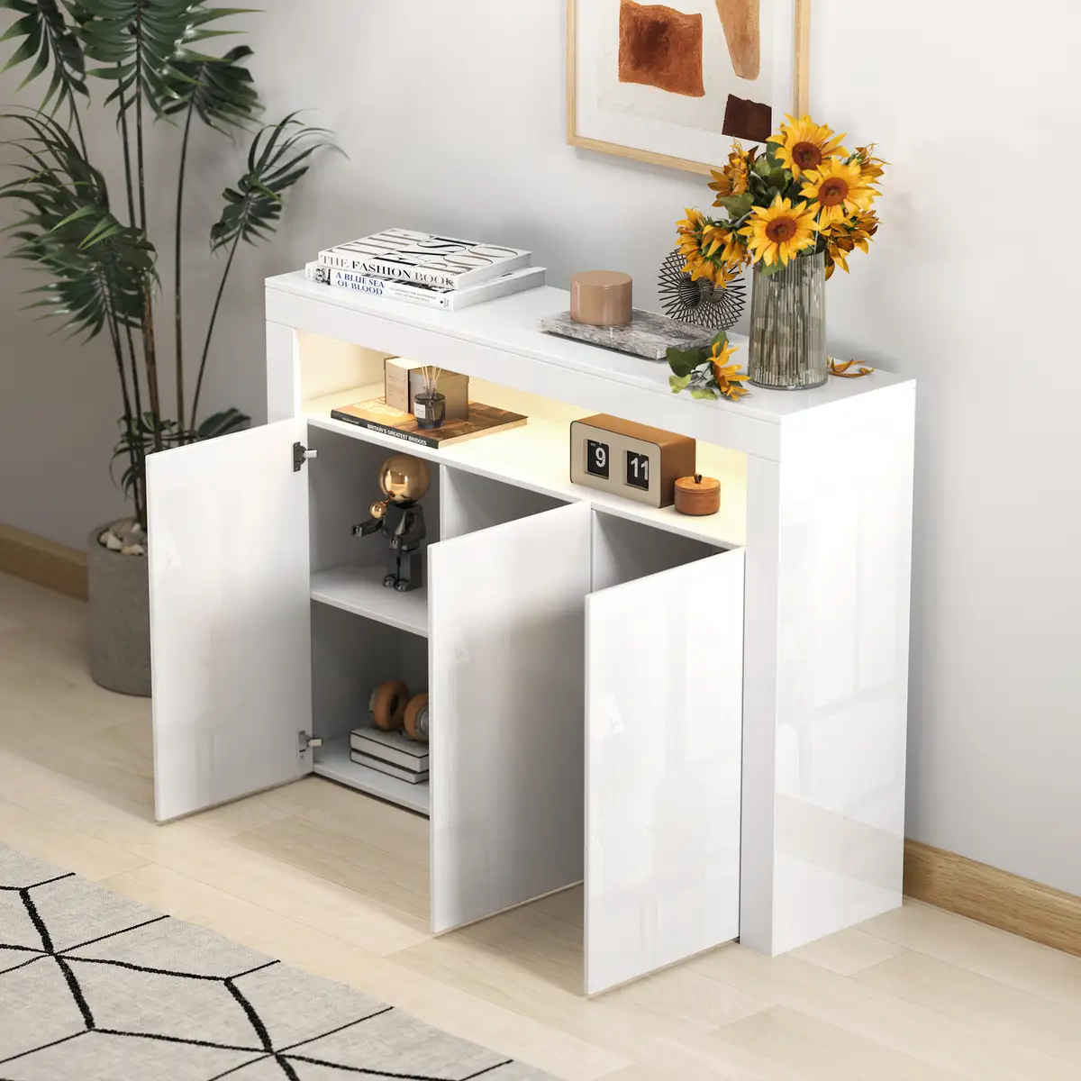 Living Room Sideboard Storage Cabinet WHITE High Gloss with LED Light, Modern