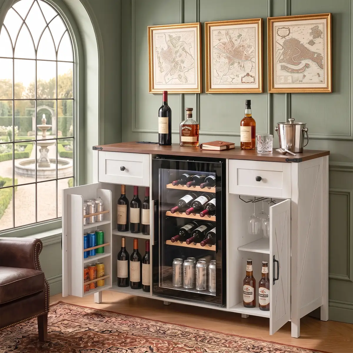 53.2" Farmhouse Fridge Cabinet with Power Outlet, Coffee Bar Cabinet
