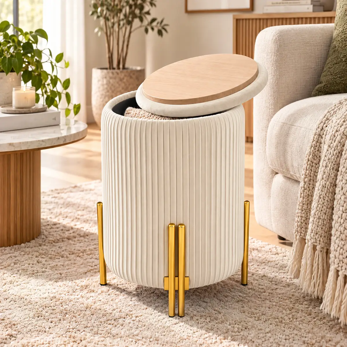 Off White Round Velvet Storage Ottoman with Reversible Wooden Tray Lid, Gold