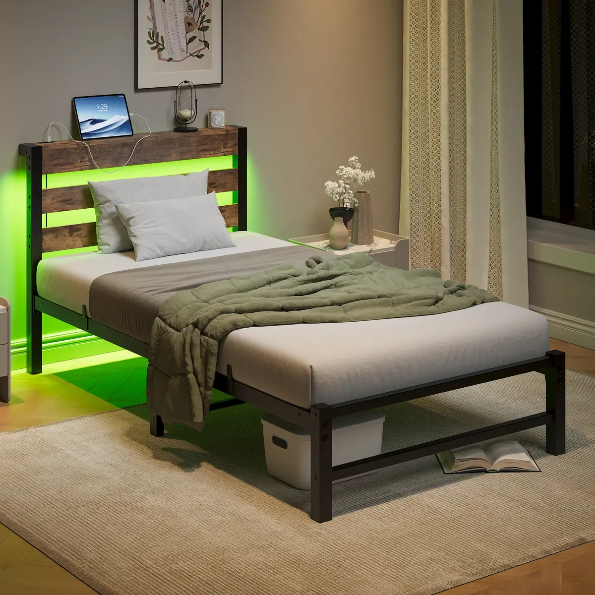 Twin Size Bed Frame Heavy Duty Platform Bed Frame with Headboard, USB Charging