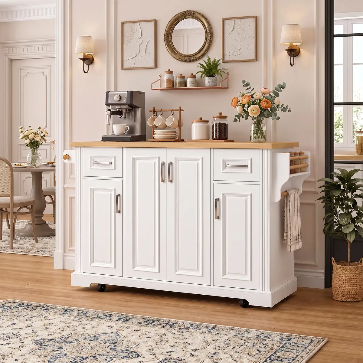 54.1" Large Kitchen Island with Drop Leaf, Embossed Texture Rolling Kitchen