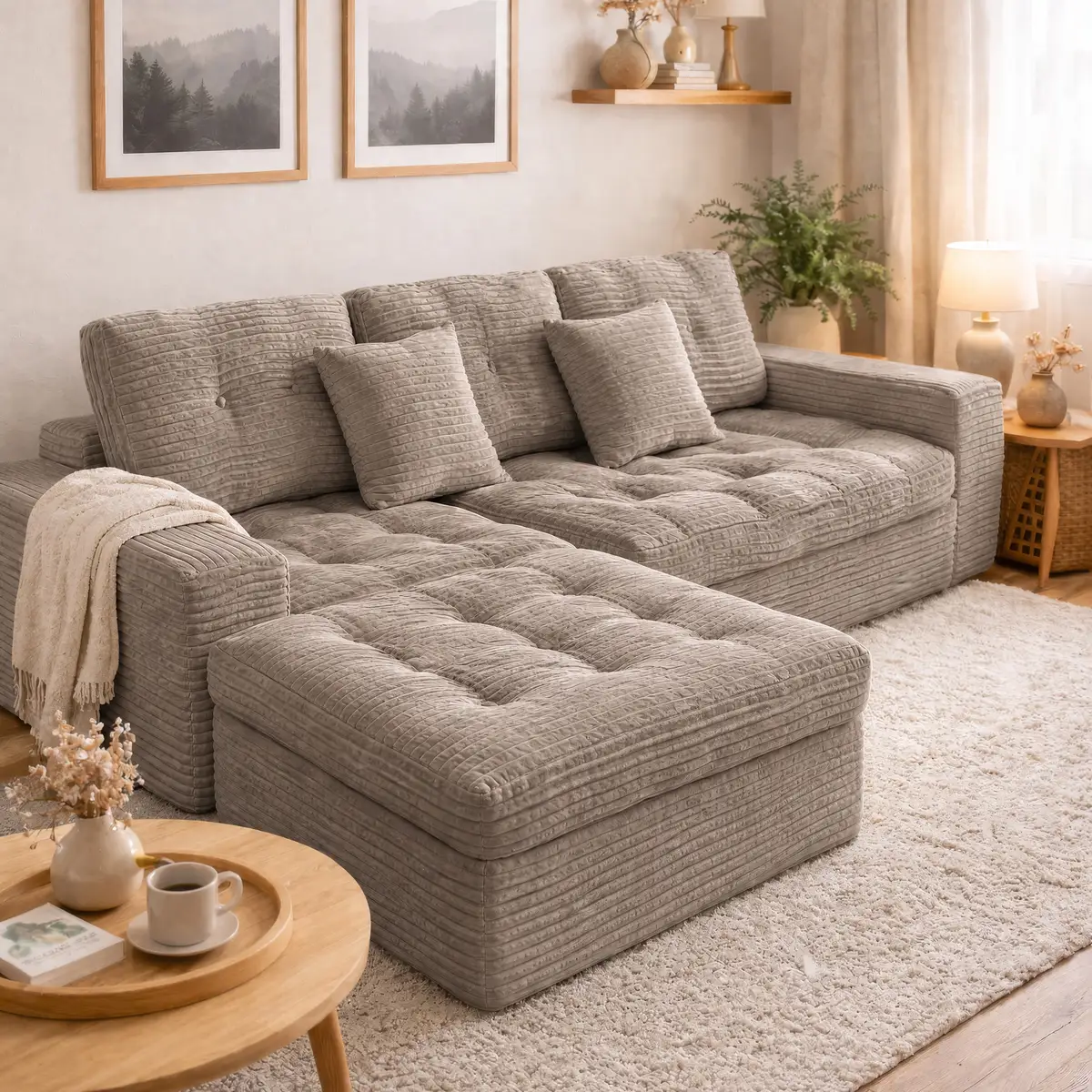 Modular Cloud Sofa Set, 105" DIY Sectional with Ottoman, Pure Foam, Faux Rabbit
